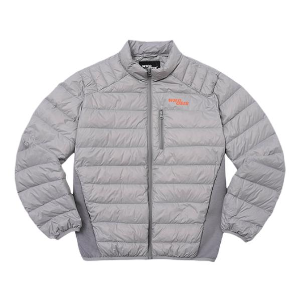 推荐商品：WHOOSIS/不知其名 美式落肩袖立领纯色拼接拉链排骨鸭绒抗寒羽绒服 W240529 灰