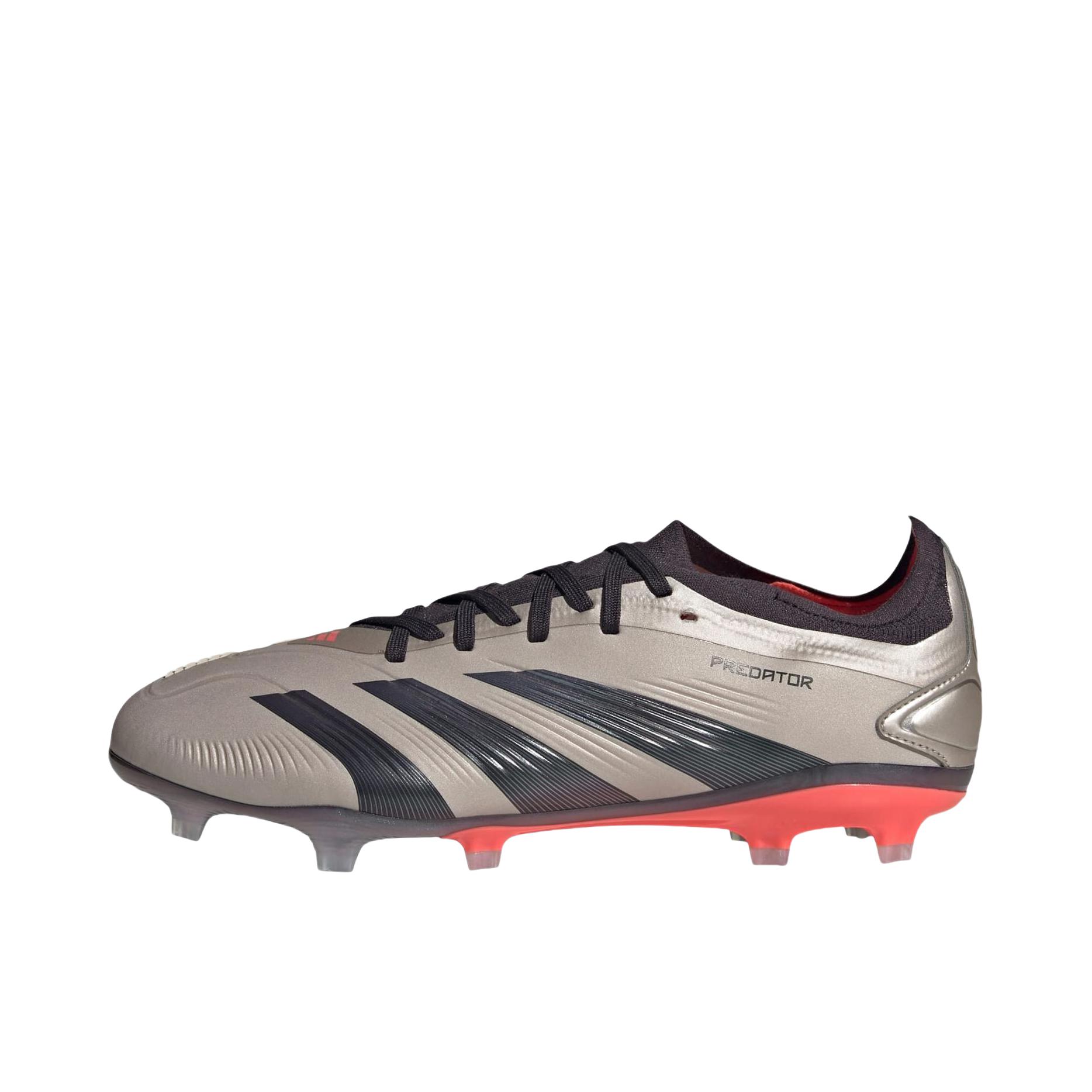 推荐商品：adidas Predator 24 PRO FG 次顶级 胶质长钉 人造草坪 透气 包裹性 圆头 支撑 足球鞋 铂金金属色/极光黑/涡轮增压色