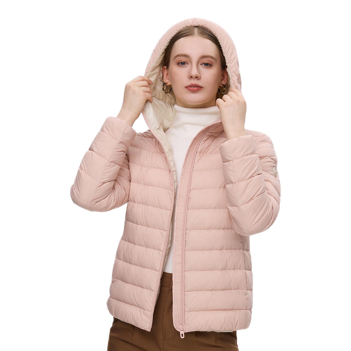 推荐商品：斯尔丽  保暖耐磨修身短款连帽羽绒服 女装 K1028 杏粉