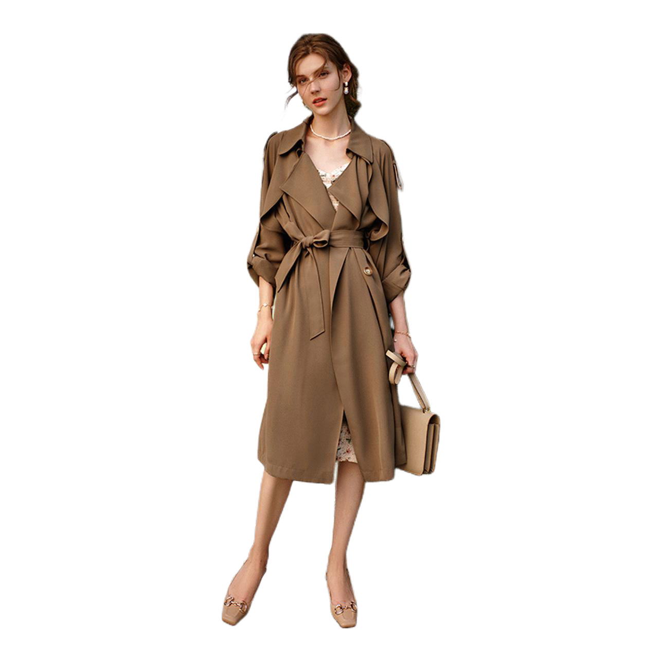 推荐商品：olrain/欧芮儿  美拉德翻领廓形中长款风衣 女装 O21QF59050 咖