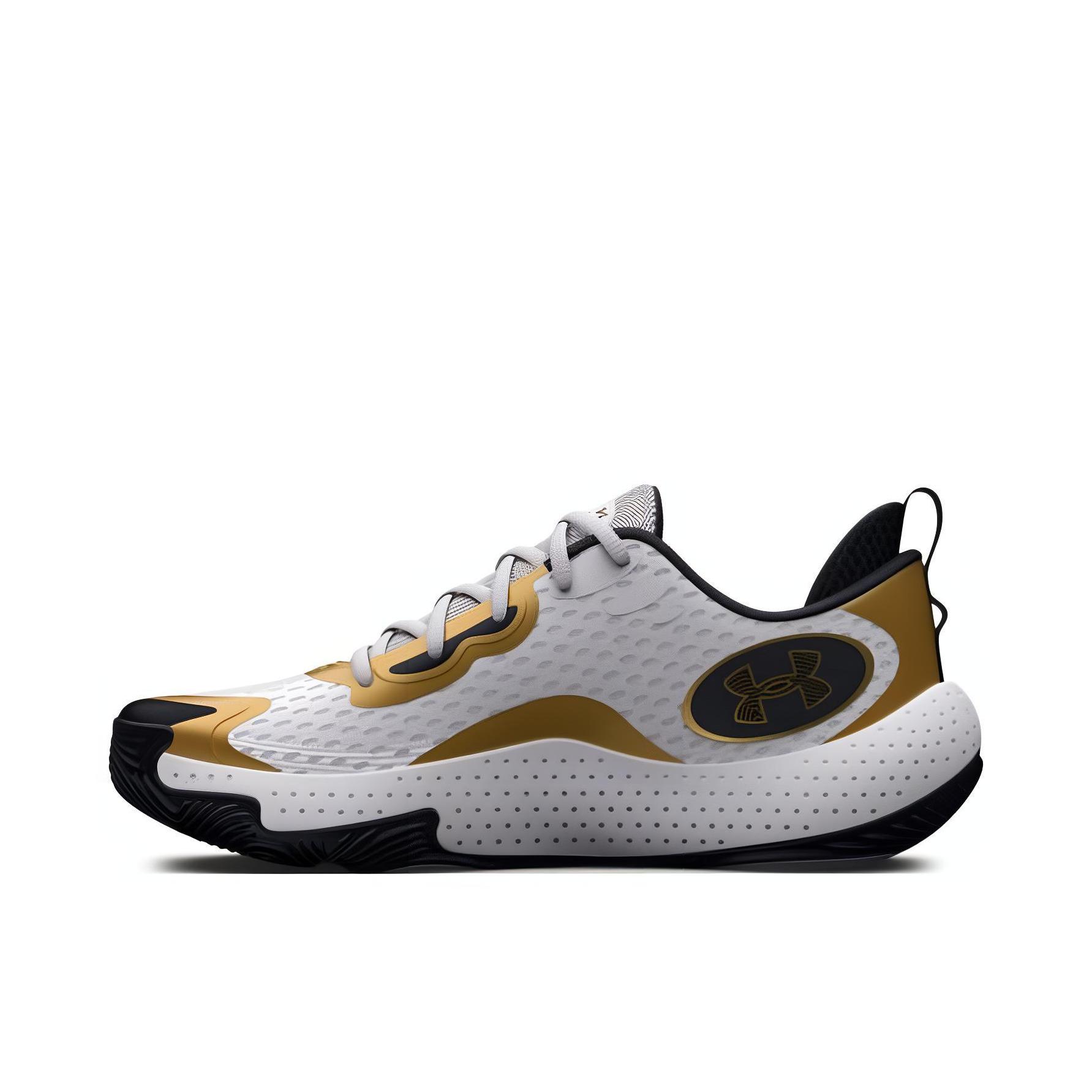 推荐商品：Under Armour/安德玛 Spawn 5 防滑耐磨 缓震运动 舒适透气 百搭时尚 圆头 场地 篮球鞋 白色/金色