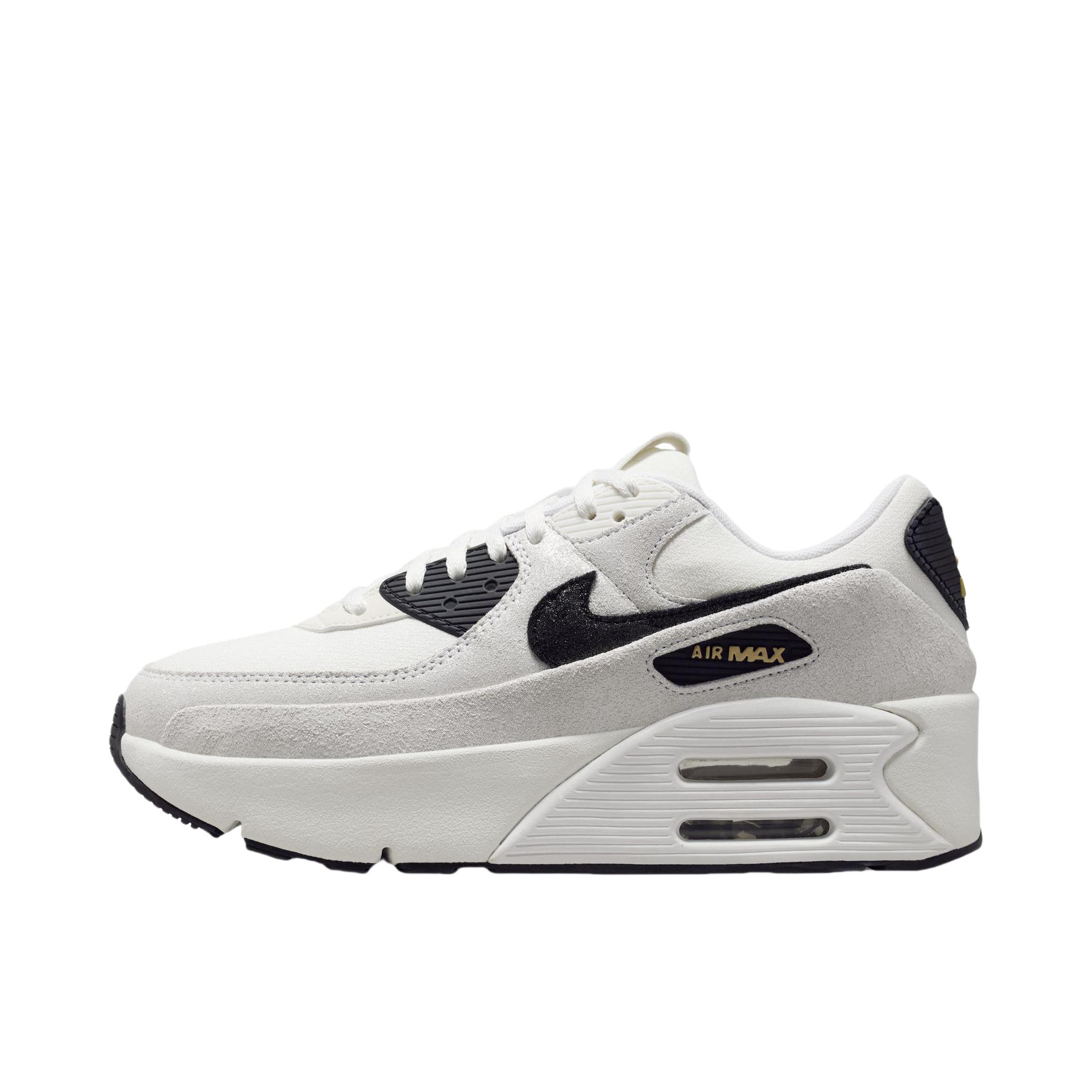 推荐商品：Nike Air Max 90 LV8 跑鞋 低帮圆头系带舒适缓震防滑耐磨轻便百搭时尚 女款/白色/队红/金属金/黑色