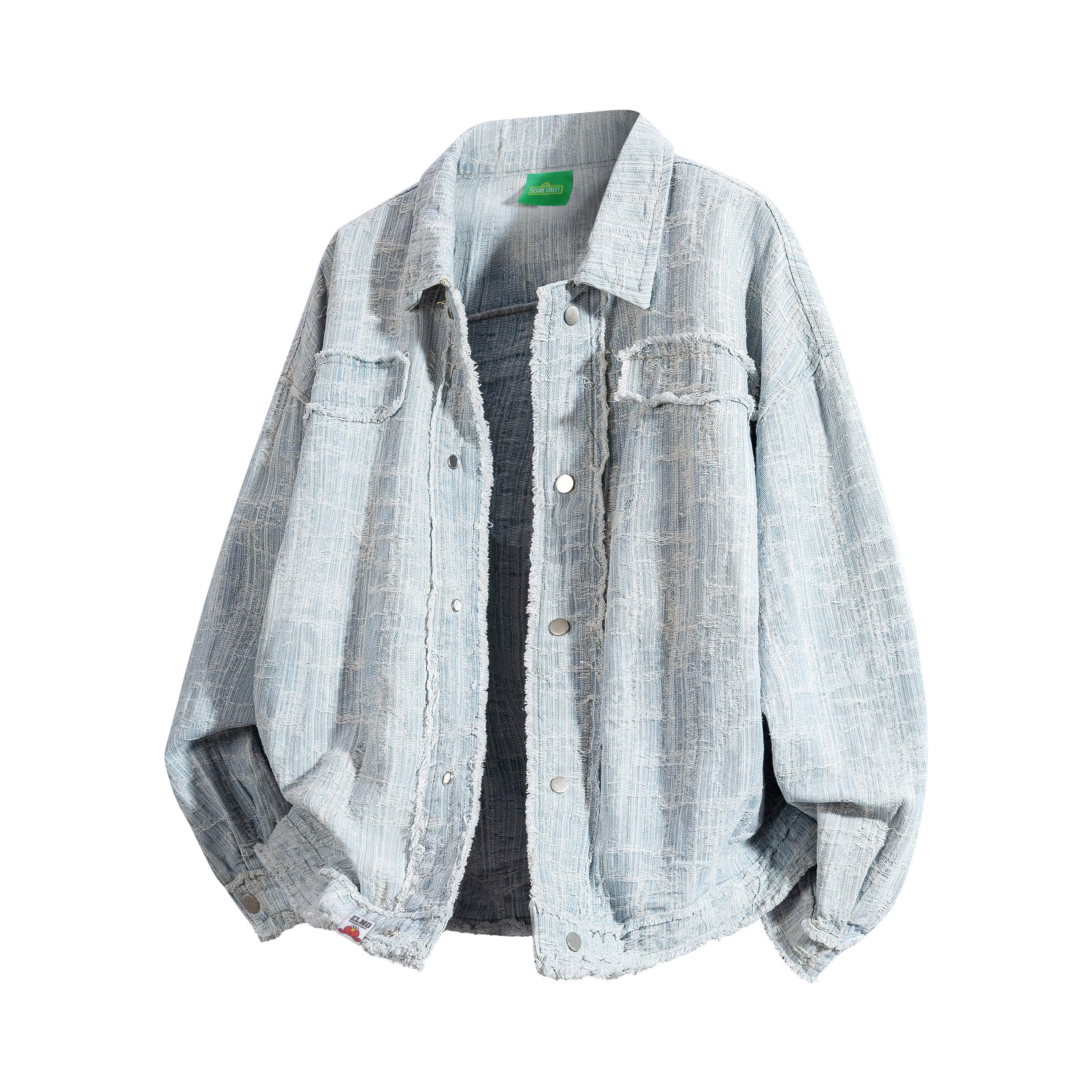 推荐商品：【廖慧佳同款】SESAME STREET/芝麻街  流苏水洗翻领保暖牛仔夹克 男女同款 77Q2494ZM 浅蓝