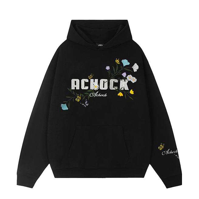 A chock 美式字母重磅重工刺绣花卉连帽加绒长袖卫衣 ACWY82 黑