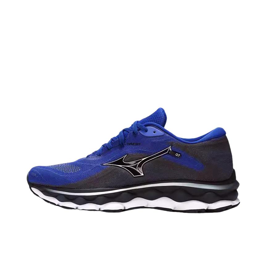 推荐商品：Mizuno/美津浓 Wave Sky 7 缓震回弹 网布透气 稳定支撑 防滑耐磨 织物 专业训练 长跑 慢跑 跑鞋 蓝色/黑色/白色