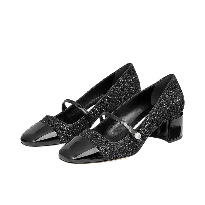 推荐商品：Jimmy Choo ELISA 轻便 珍珠饰 百搭 亮片 圆头 玛丽珍鞋 高跟鞋 女款/闪粉/黑色 
