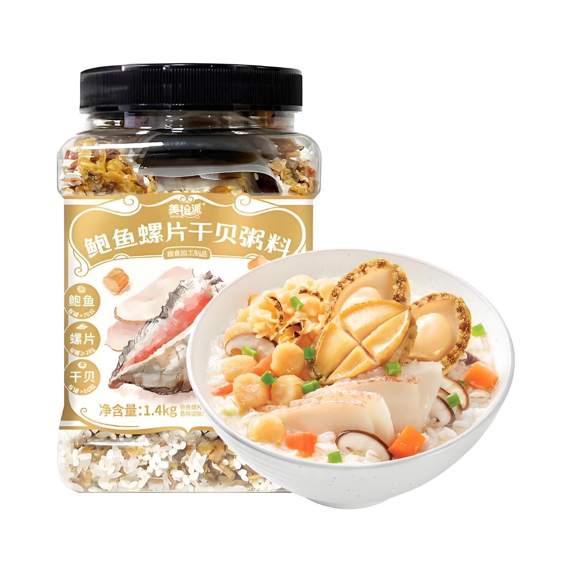 推荐商品：美拾派 鲍鱼螺片干贝粥料 罐装