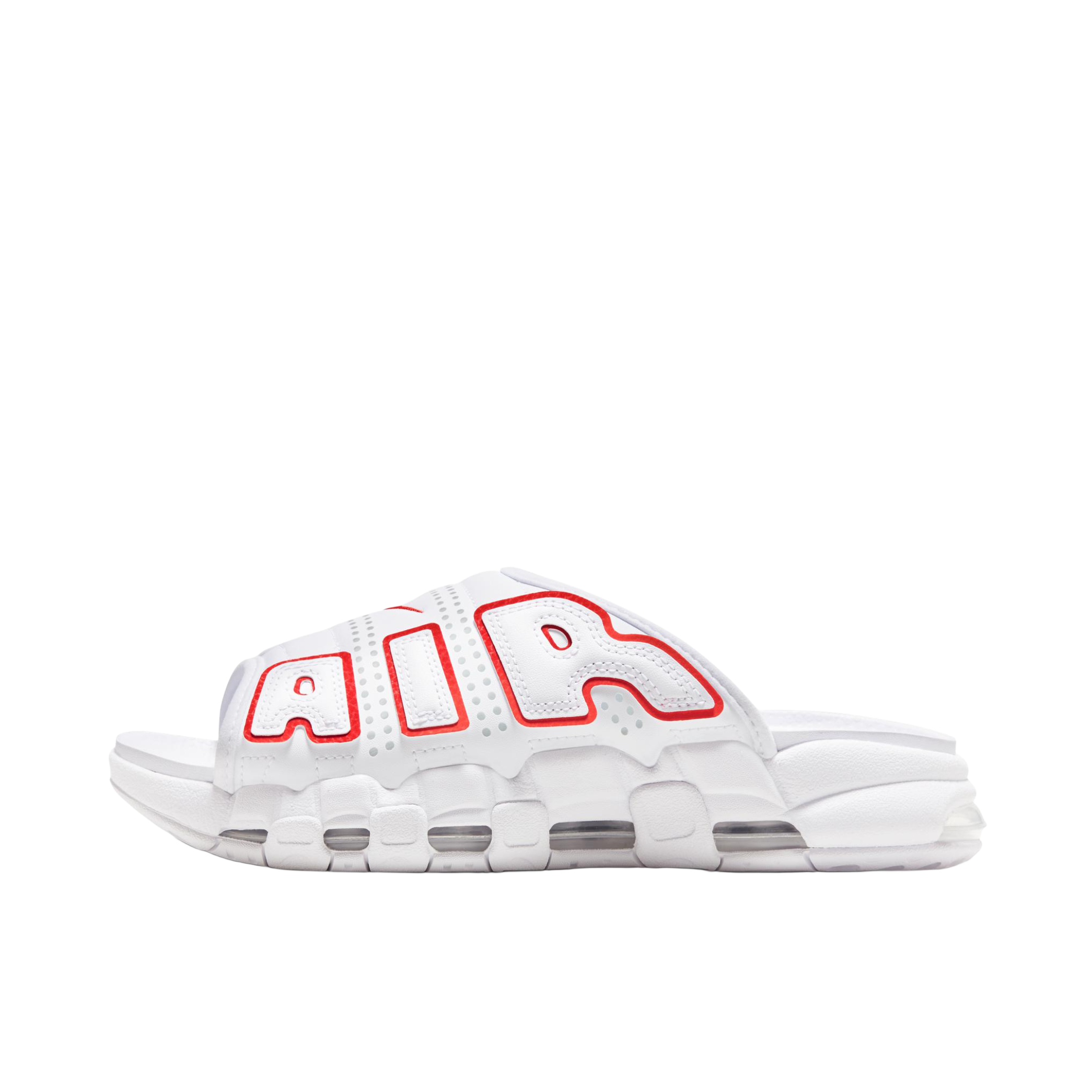 推荐商品：Nike Air More Uptempo 舒适耐磨 百搭 休闲运动 圆头 橡胶底 一字 拖鞋 女款/白色/红色