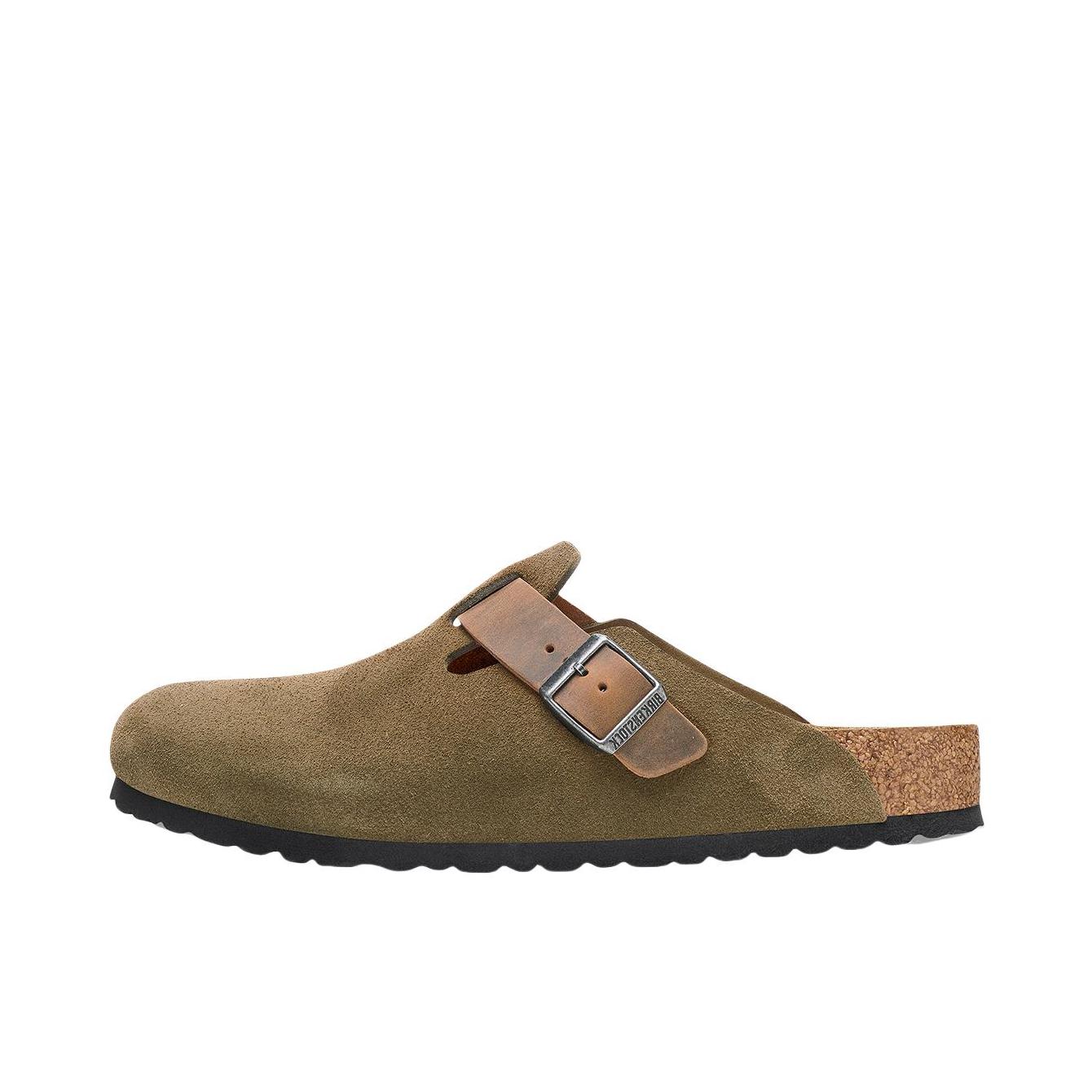 推荐商品：Birkenstock Boston系列 勃肯鞋 半拖鞋 防滑防磨包头软底搭扣秋冬绒面革牛皮软木 穆勒鞋一脚蹬 草绿色/棕色