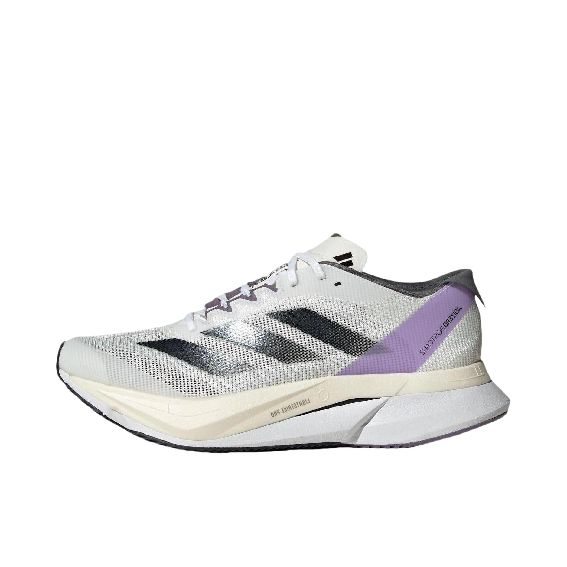 推荐商品：adidas Adizero Boston 12 跑鞋 碳板玻纤柱耐磨缓震马拉松运动支撑 灰色/黑色/紫色