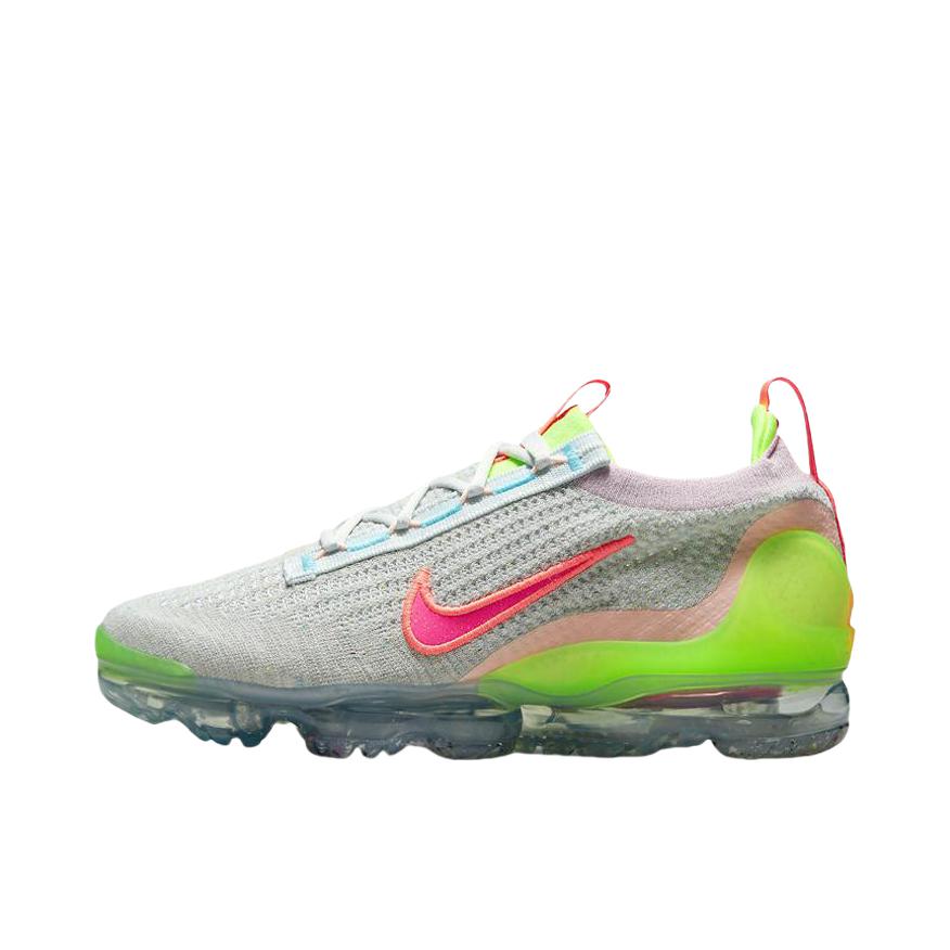 推荐商品：Nike Vapormax Flyknit 2021 跑鞋 全掌气垫减震回弹防滑耐磨舒适透气织物休闲运动 灰色/绿色/粉红