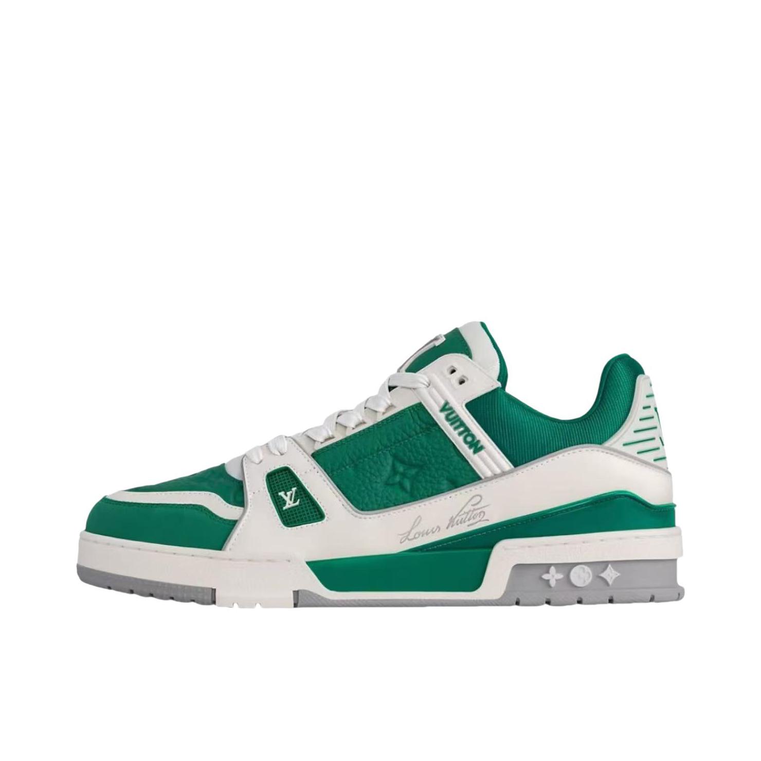 推荐商品：Louis Vuitton Trainer系列 网眼 舒适防滑 时尚潮流 圆头拼接 牛皮革 压纹 板鞋 绿色/灰色