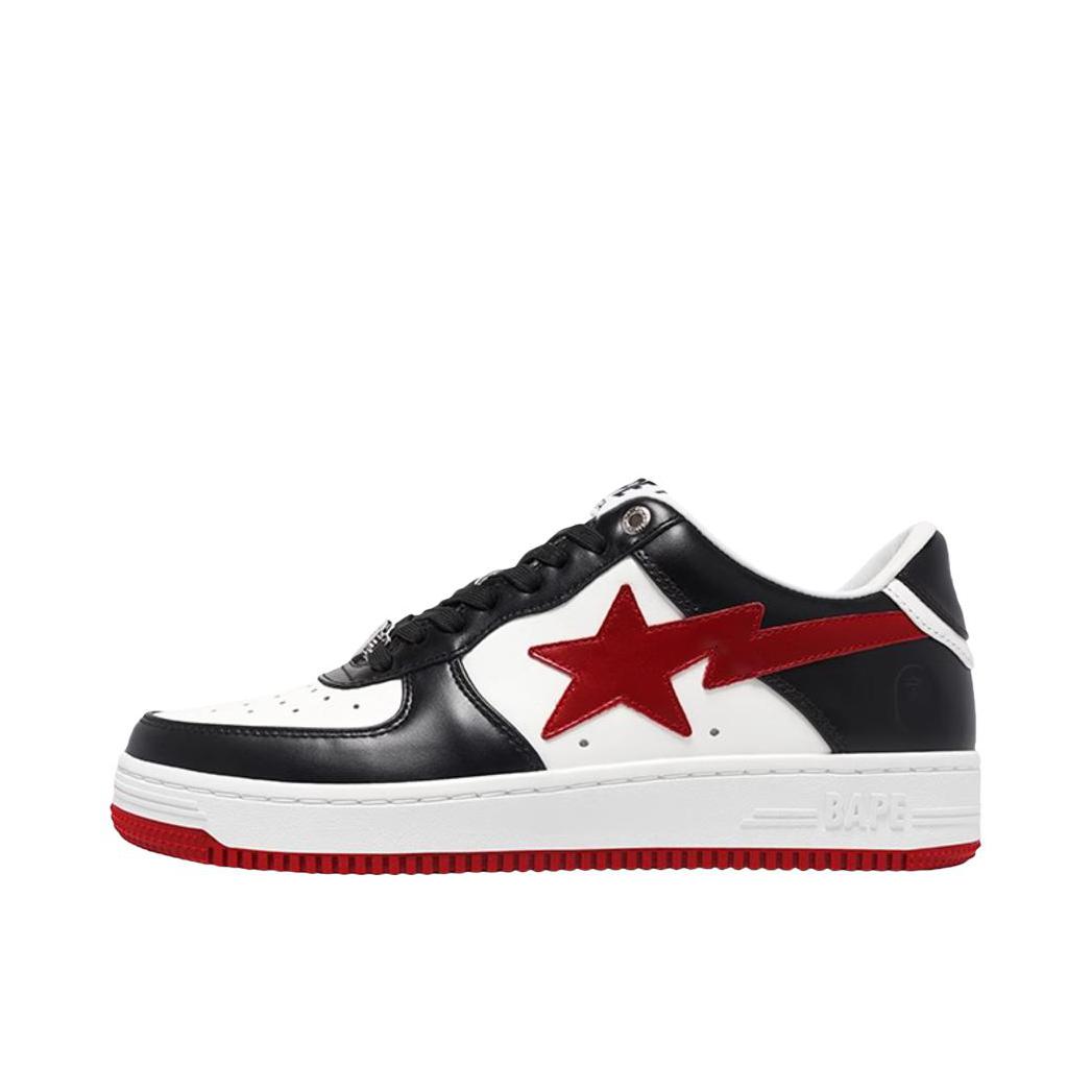 推荐商品：Bape Sta 板鞋 拼接舒适皮革防滑耐磨系带圆头时尚简约复古百搭牛皮压纹平跟徽标星星图案 黑色/红色