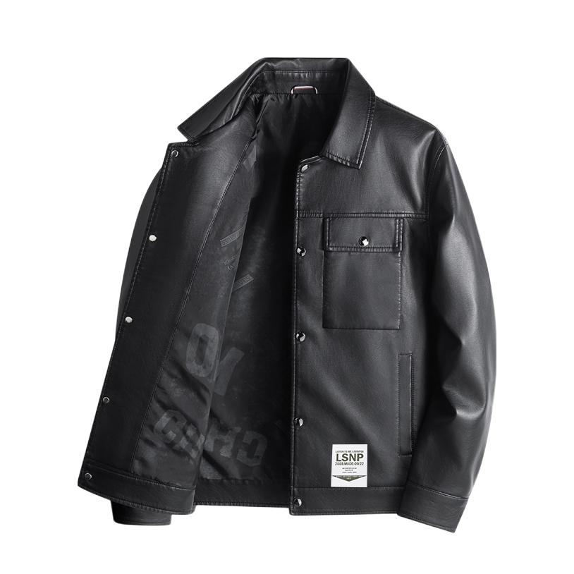 推荐商品：LISENPOK  工装翻领单排扣皮衣 男女同款 黑