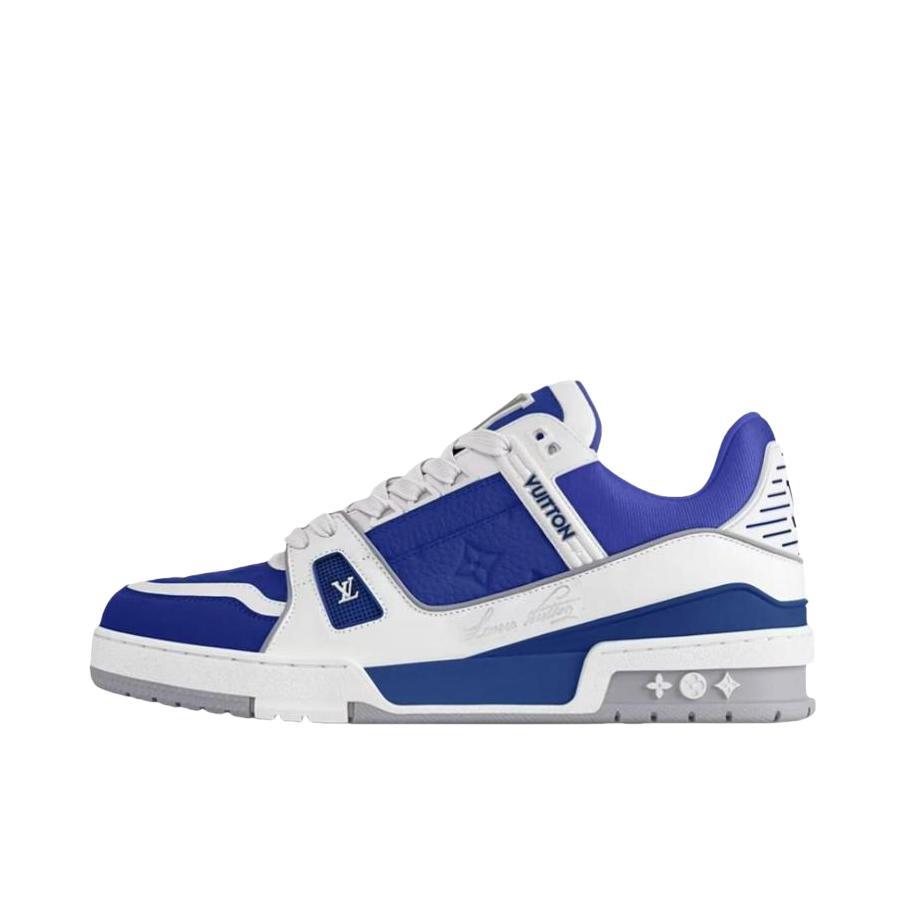 推荐商品：Louis Vuitton Trainer系列 网眼 舒适防滑 时尚潮流 圆头拼接 牛皮革 压纹 板鞋 男款/蓝色