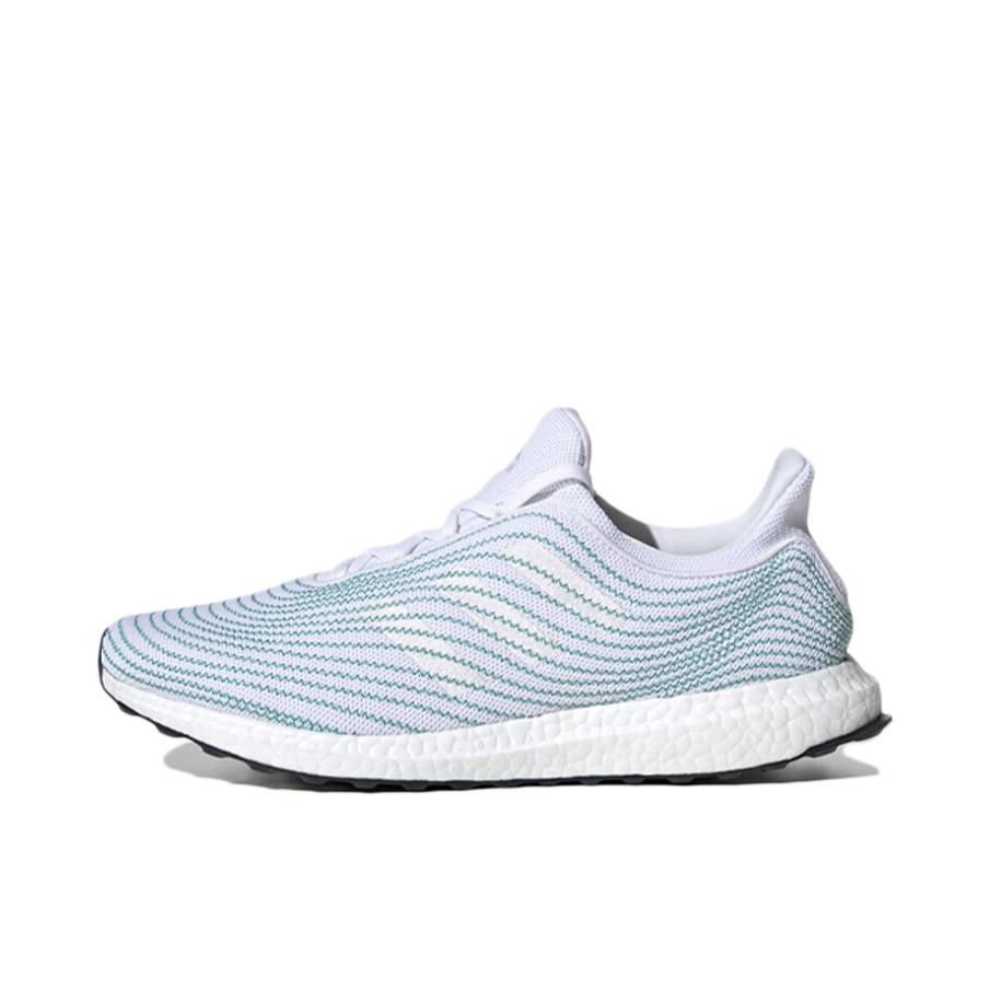推荐商品：adidas UltraBoost DNA 跑鞋 防滑耐磨轻便透气织物网面缓震合成革支撑抗扭转轻运动回弹 Parley联名/白色/湖蓝