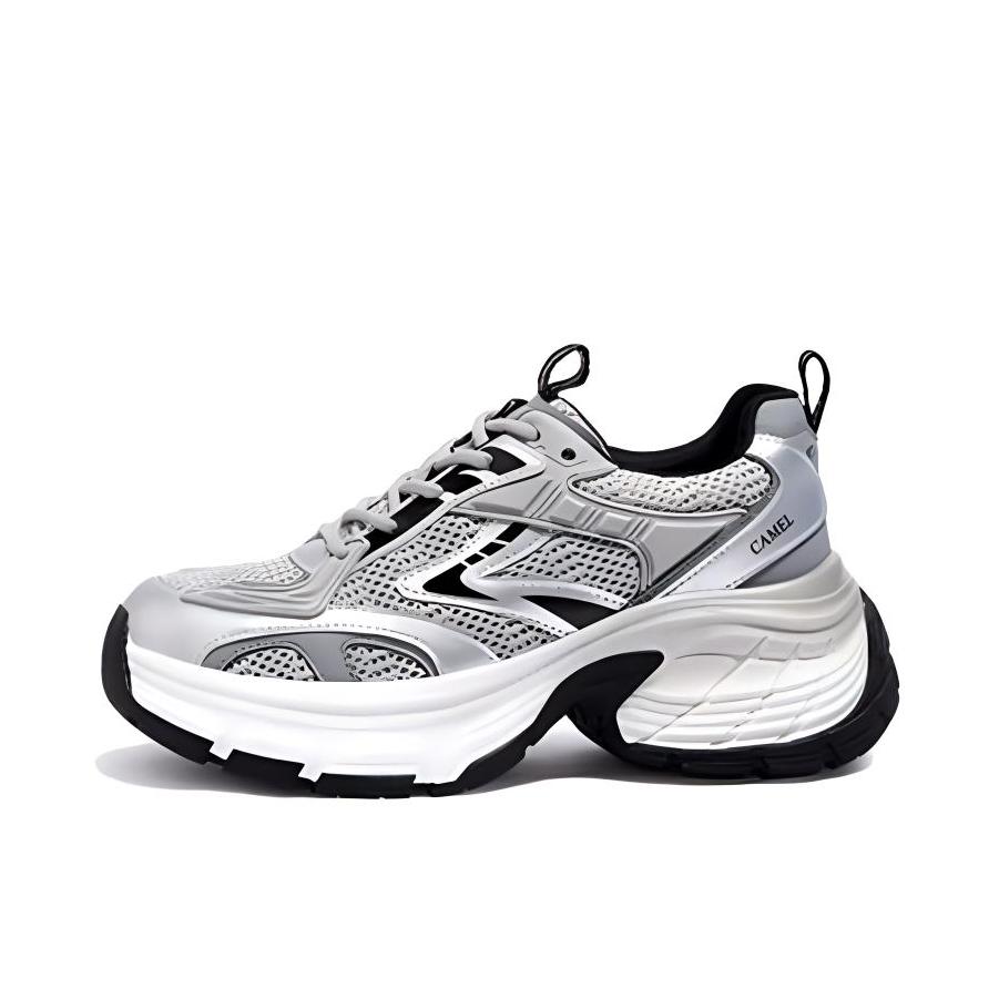 推荐商品：骆驼  星辰  厚底 圆头 舒适 网面 减震防滑 运动休闲 增高软弹  老爹鞋 女款/灰色/银色