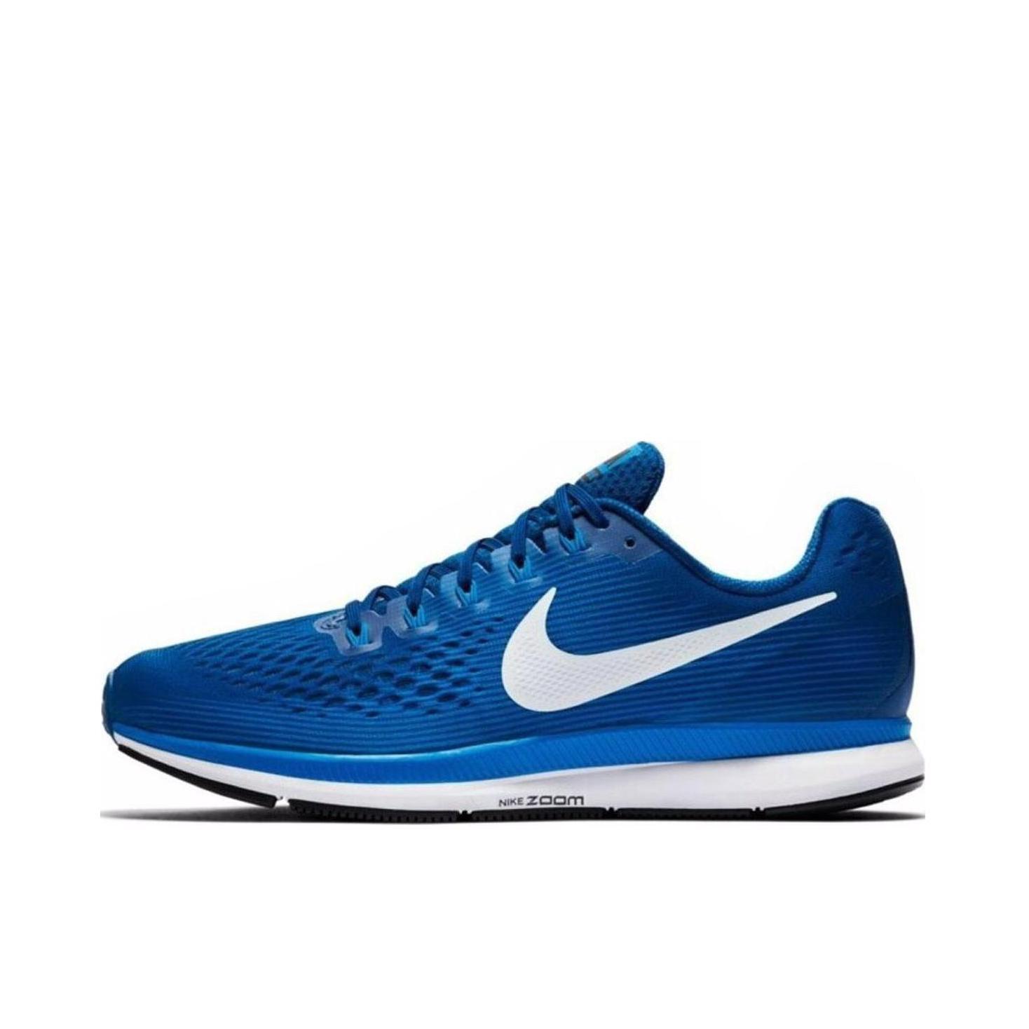 推荐商品：Nike Air Zoom Pegasus 34 跑鞋 时尚百搭网面透气舒适轻便耐磨回弹运动织物低帮马拉松 深蓝色/白色