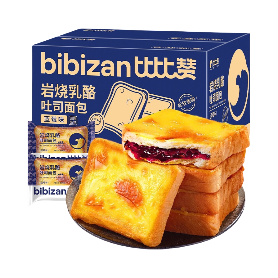 推荐商品：比比赞 岩烧乳酪吐司面包 蓝莓味 300g 箱装