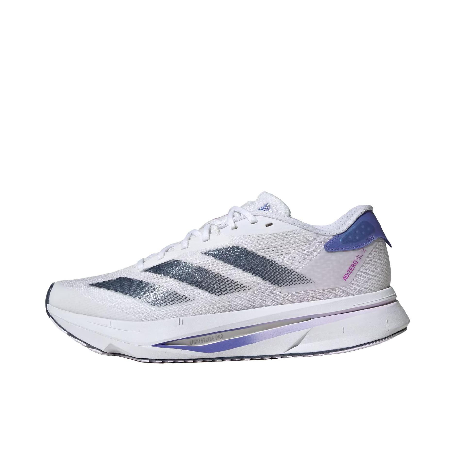 推荐商品：adidas Adizero Sl 2 跑鞋 轻便缓震支撑马拉松闪充长跑备赛体测训练防滑竞速贴合 白/墨水蓝/钴蓝