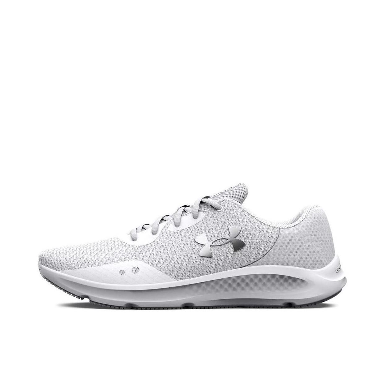 推荐商品：Under Armour/安德玛 Charged Pursuit 3 健身训练 缓震回弹 防滑耐磨 舒适轻便 织物网面透气 运动 跑鞋 灰色/纯白色