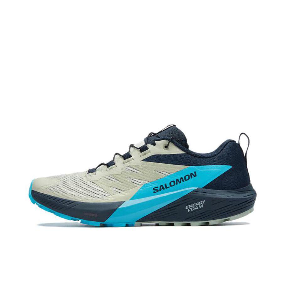 推荐商品：Salomon/萨洛蒙 Sense Ride 5 减震防滑 稳定抓地 耐磨 网面透气 网布 越野运动 跑鞋 蓝色/青色