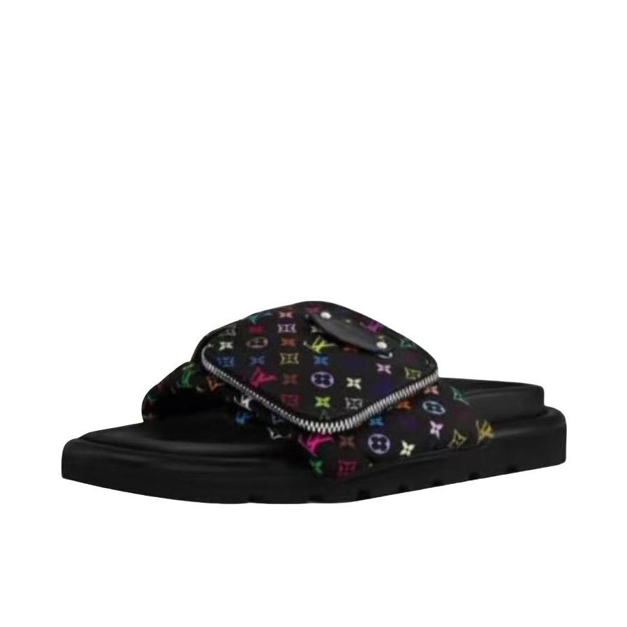 推荐商品：Louis Vuitton 路易威登 皮革 平底 露趾 一字 拖鞋 Takashi Murakami联名/黑色