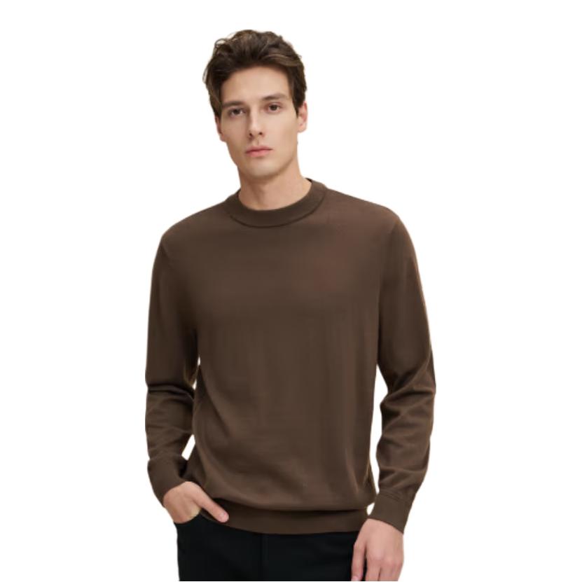 推荐商品：ERDOS/鄂尔多斯  抗菌澳毛丝光纯色套头毛衣 9D7606101 深咖