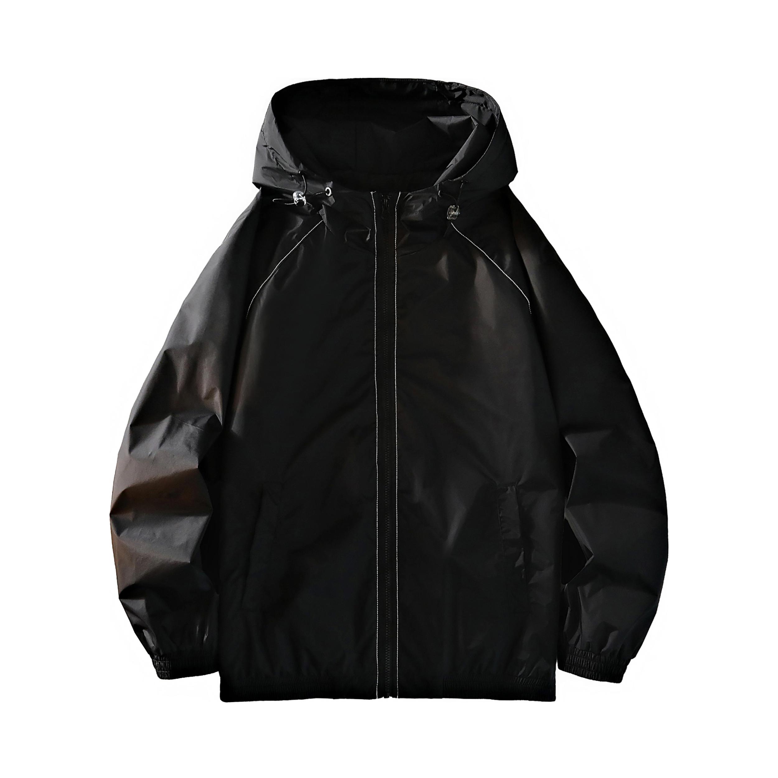 推荐商品：ALORGEEK  轻薄学院风薄款插肩袖拉链连帽夹克 男女同款 AK-W8608 黑