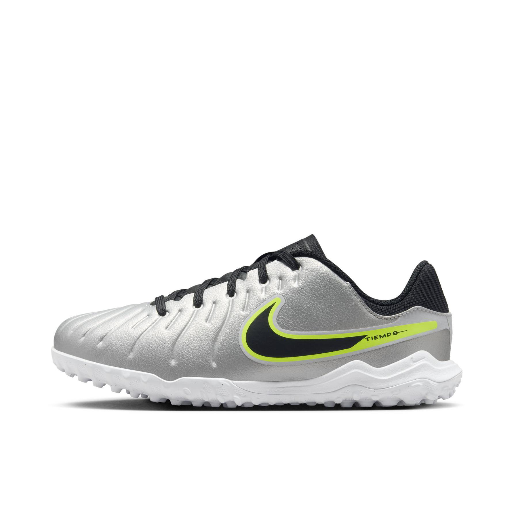 推荐商品：Nike Tiempo Legend 10 Pro TF 中端 胶质碎钉 人造场地 防滑耐磨 足球鞋 银色/黑色