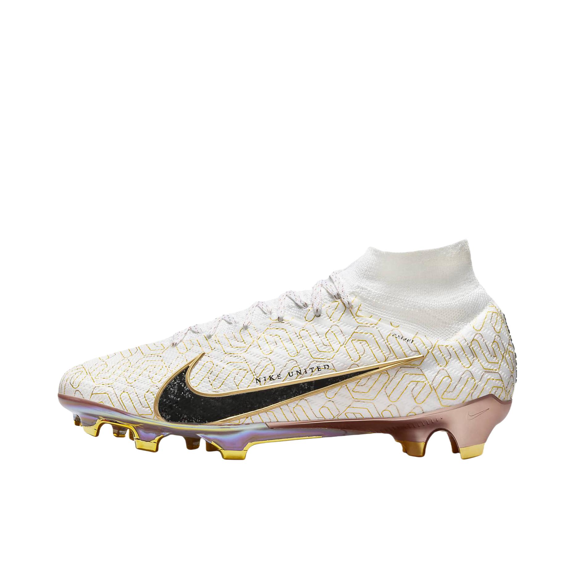 推荐商品：Nike Zoom Mercurial Superfly 9 Elite FG 顶级 胶质长钉 天然草地 圆头飞织防滑轻便 足球鞋 白色/黑色/金色