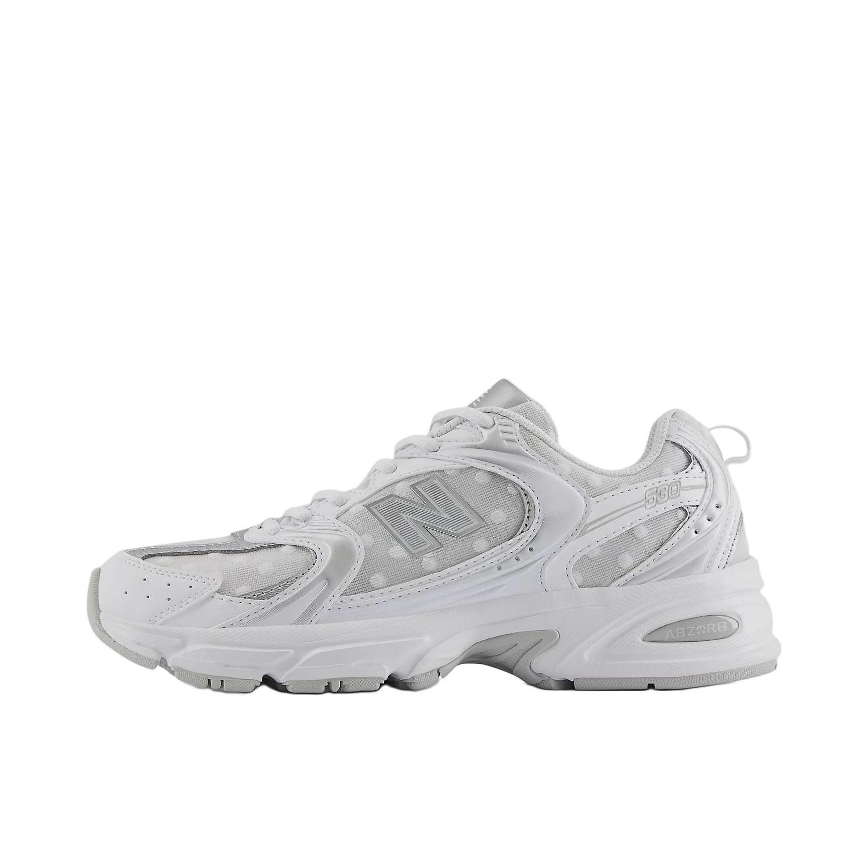 推荐商品：New Balance MR530 跑鞋 圆头经典拼接复古缓震防滑耐磨网面透气支撑 纯白色/银色  