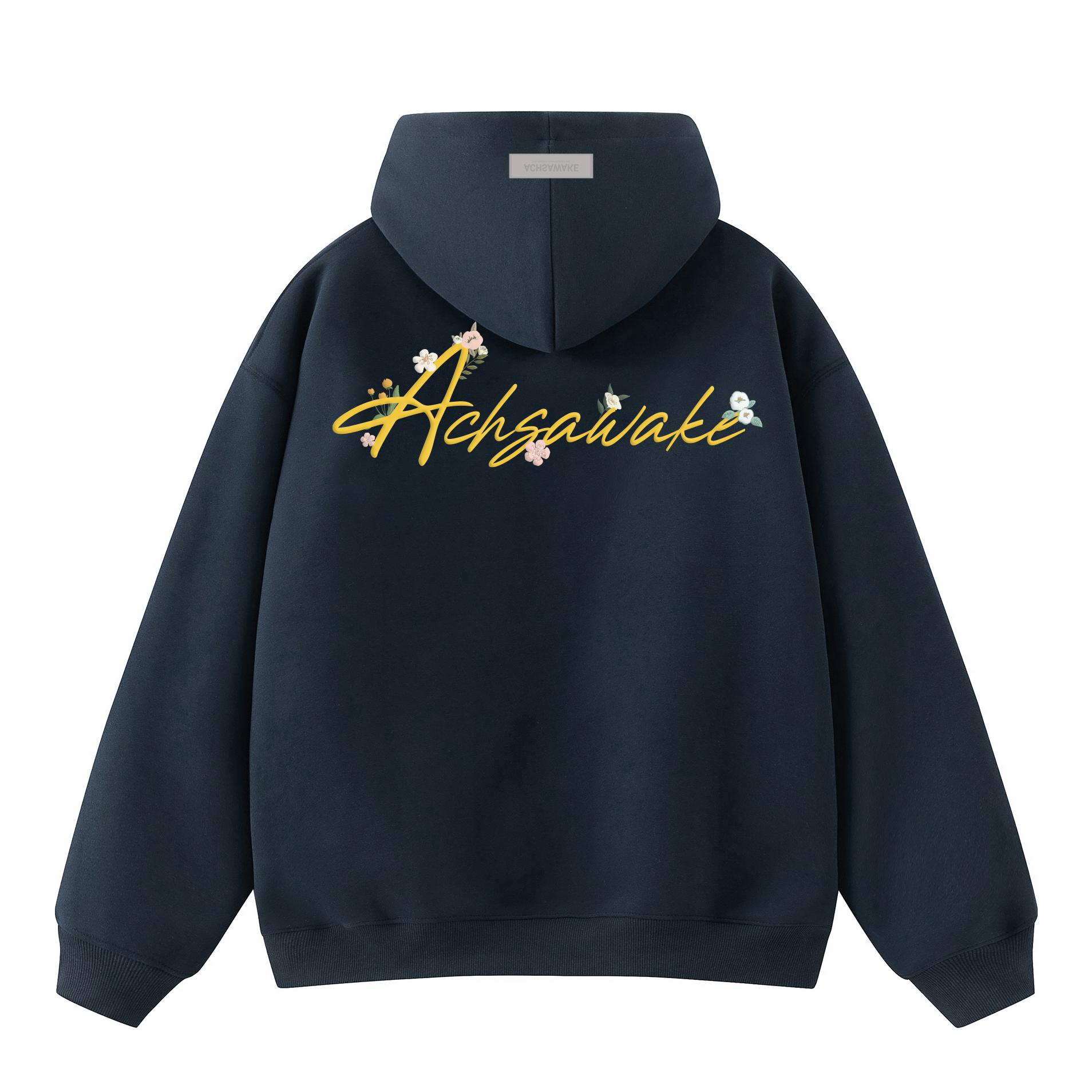 推荐商品：ACHS AWAKE  美式高克重花体印花套头连帽加绒卫衣 男女同款 A240810A372 藏青/黄