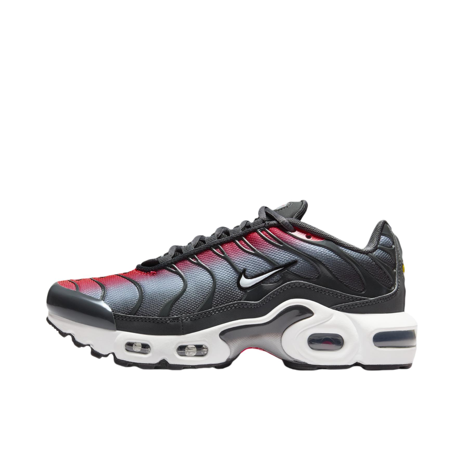 推荐商品：Nike Air Max Plus 跑鞋 休闲舒适轻便网布透气防滑耐磨气垫缓震包裹性贴合圆头 大童/亮深红/白色/煤黑/狼灰