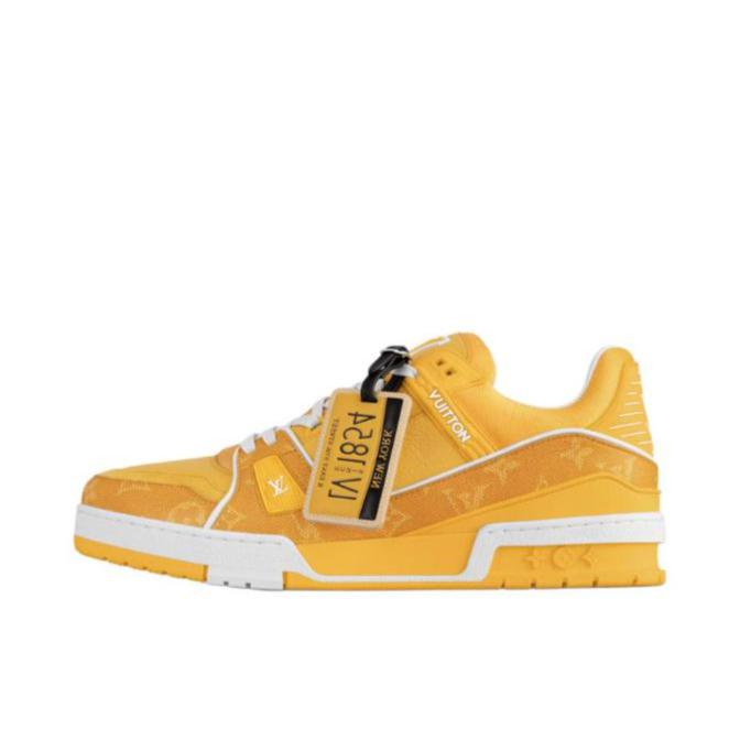 推荐商品：Louis Vuitton Trainer系列 网眼 舒适防滑 时尚潮流 圆头拼接 牛皮革 压纹 板鞋 橘色