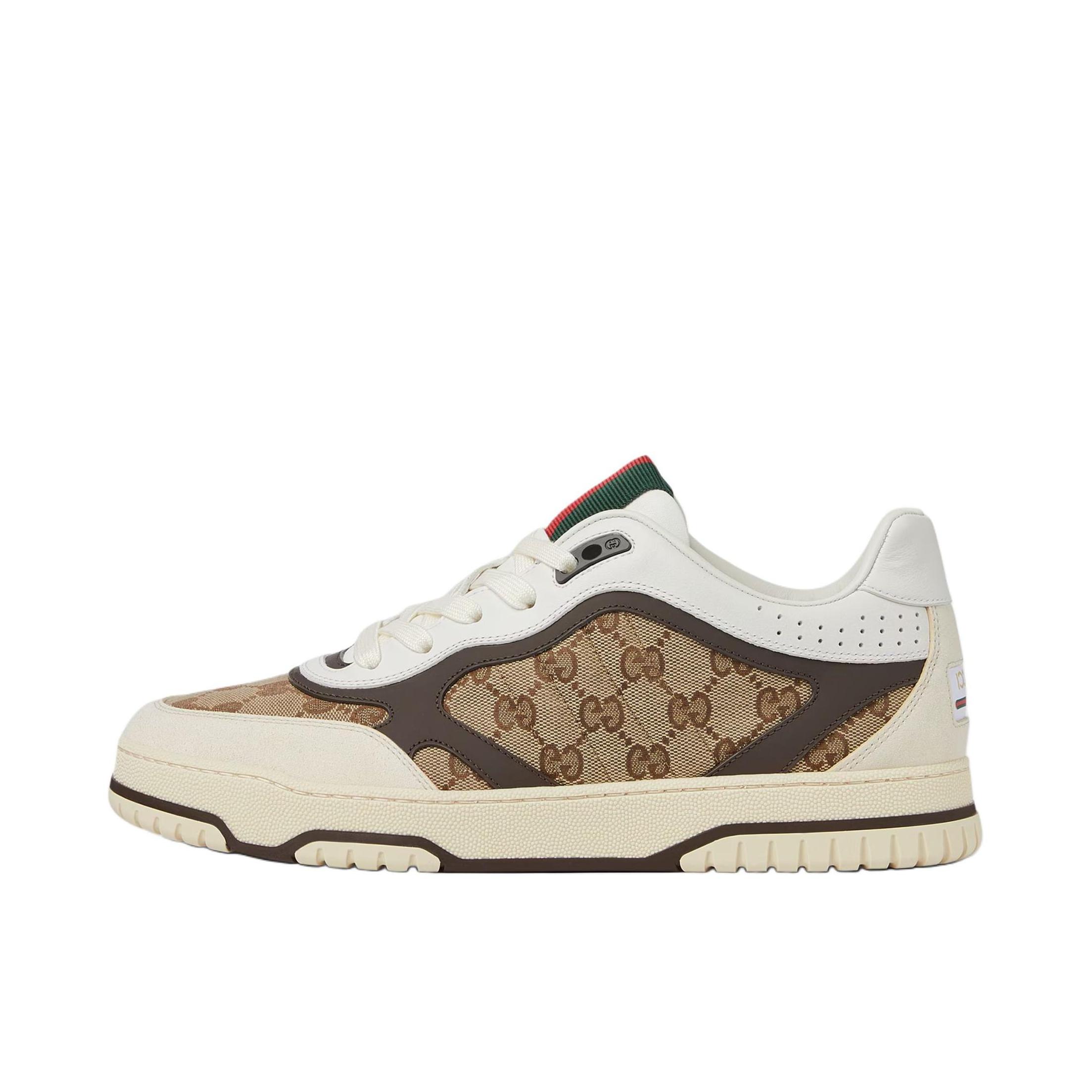 推荐商品：Gucci Re-Web 板鞋 皮革低帮拼接舒适轻便运动粒面纹理圆头 男款/棕色/米色