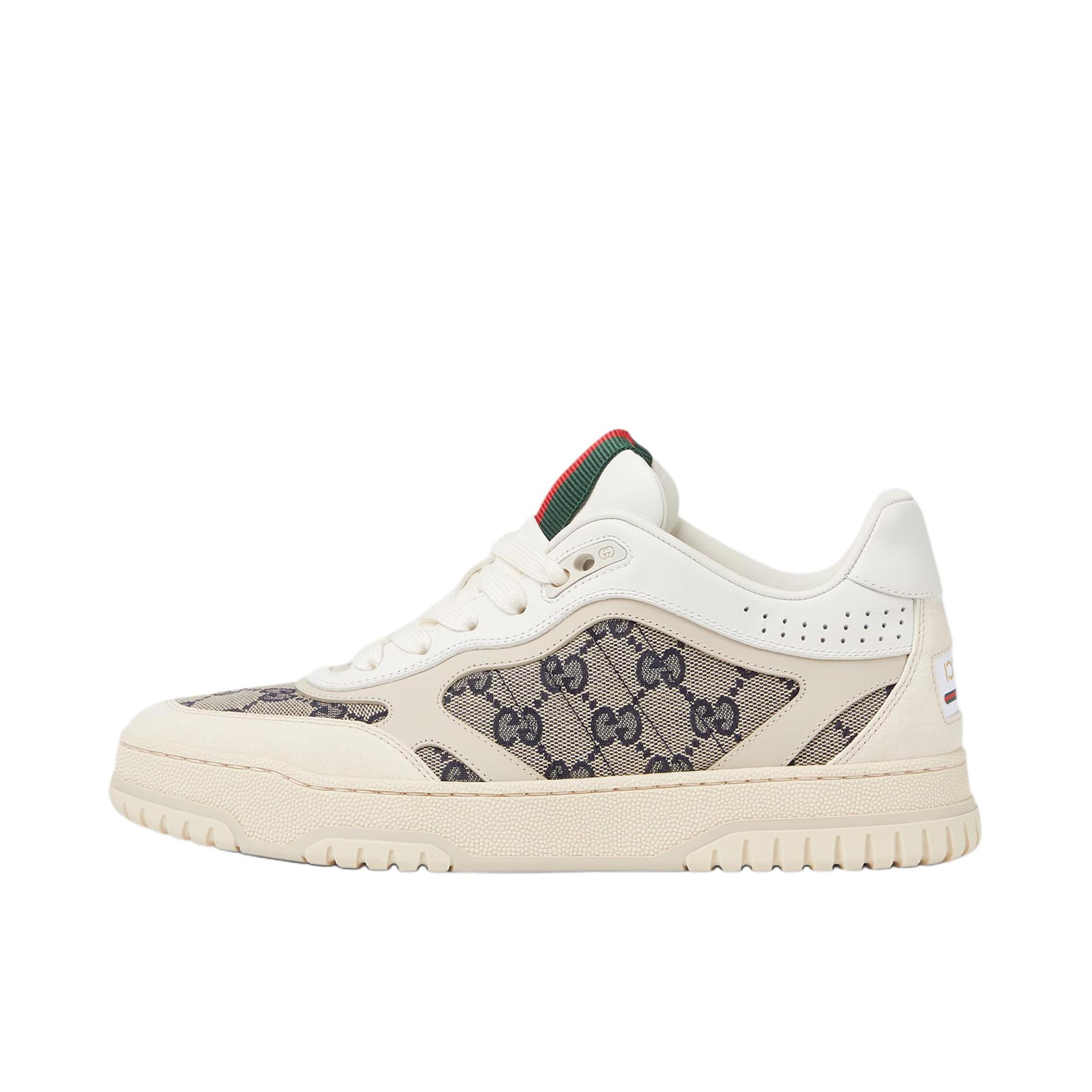 推荐商品：Gucci Re-Web 板鞋 皮革低帮拼接舒适轻便运动粒面纹理圆头 女款/米色/褐色