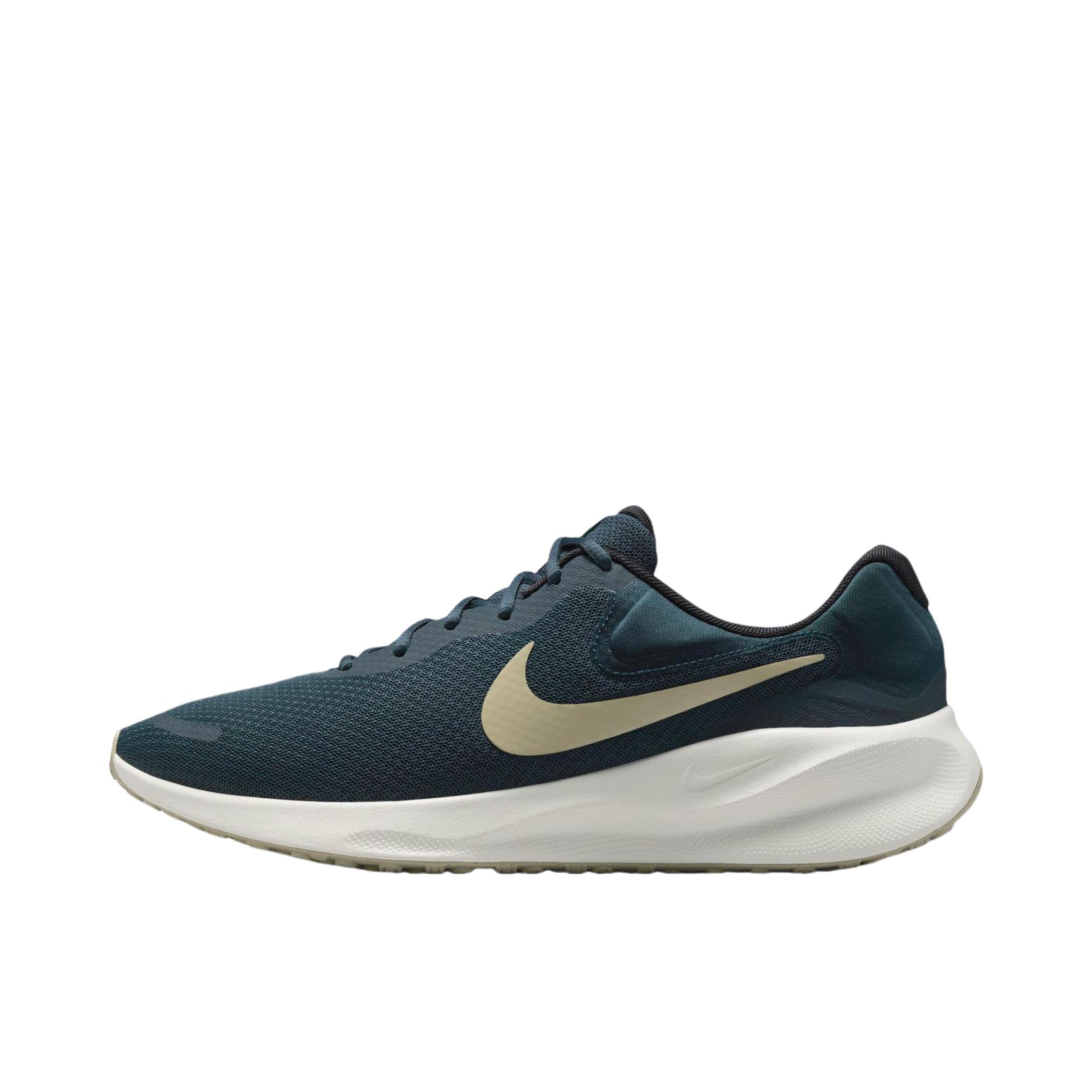 推荐商品：Nike Revolution 7 跑鞋 舒适百搭耐磨透气减震休闲运动支撑训练轻便易穿脱 军械深海蓝/沙漠卡其色