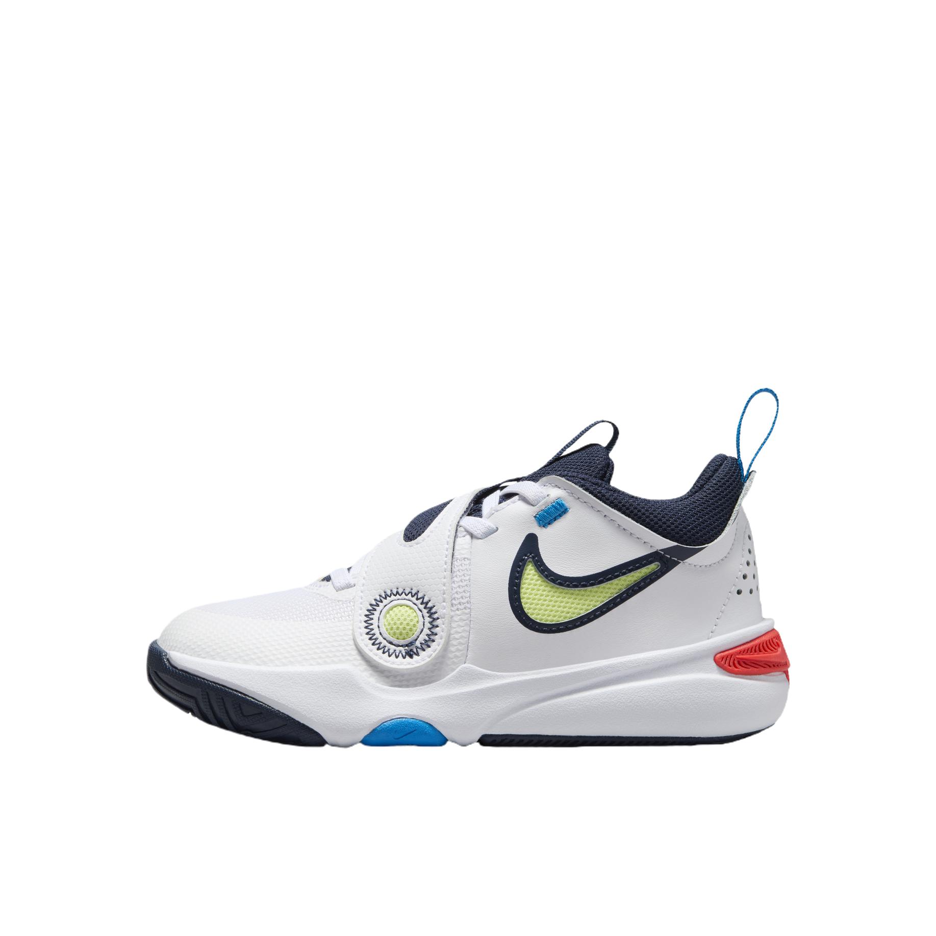 推荐商品：Nike  Team Hustle D 11 魔术贴 防踢 易穿脱 儿童运动鞋 小童/白色/浅柠檬黄/亮深红/清透蓝