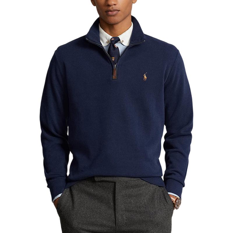 Ralph Lauren 小马标Logo刺绣四分之一拉链立领做旧套头针织衫 710857073 深蓝