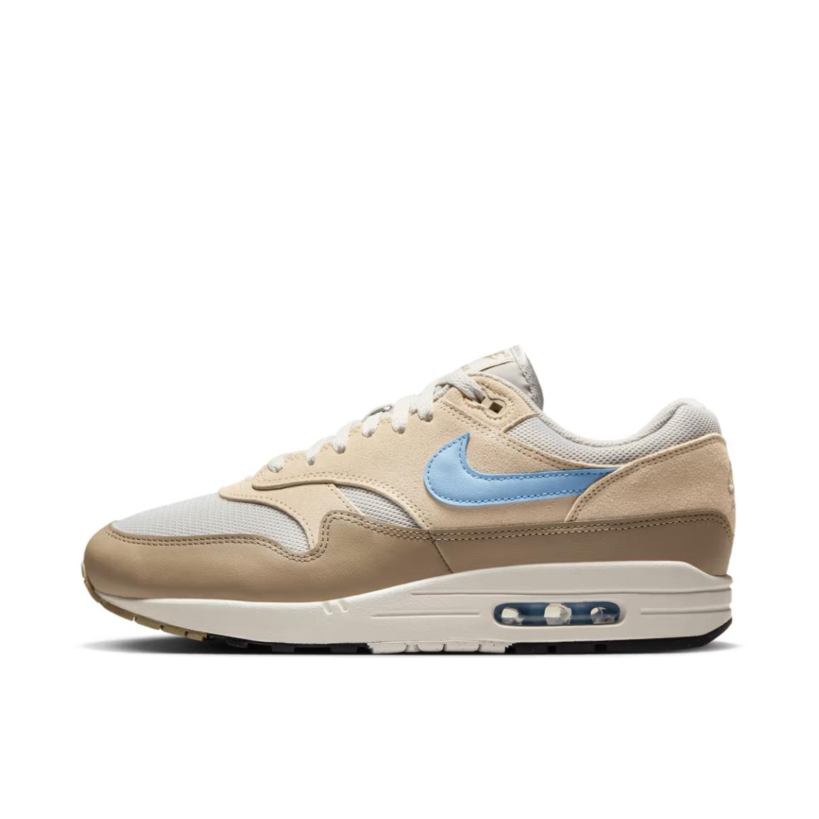 推荐商品：Nike Air Max 1 跑鞋 气垫缓震透气轻便复古运动舒适百搭潮流耐磨低帮训练防滑冬季支撑马拉松防水抓地圆头耐穿 浅骨色/心灵蓝 