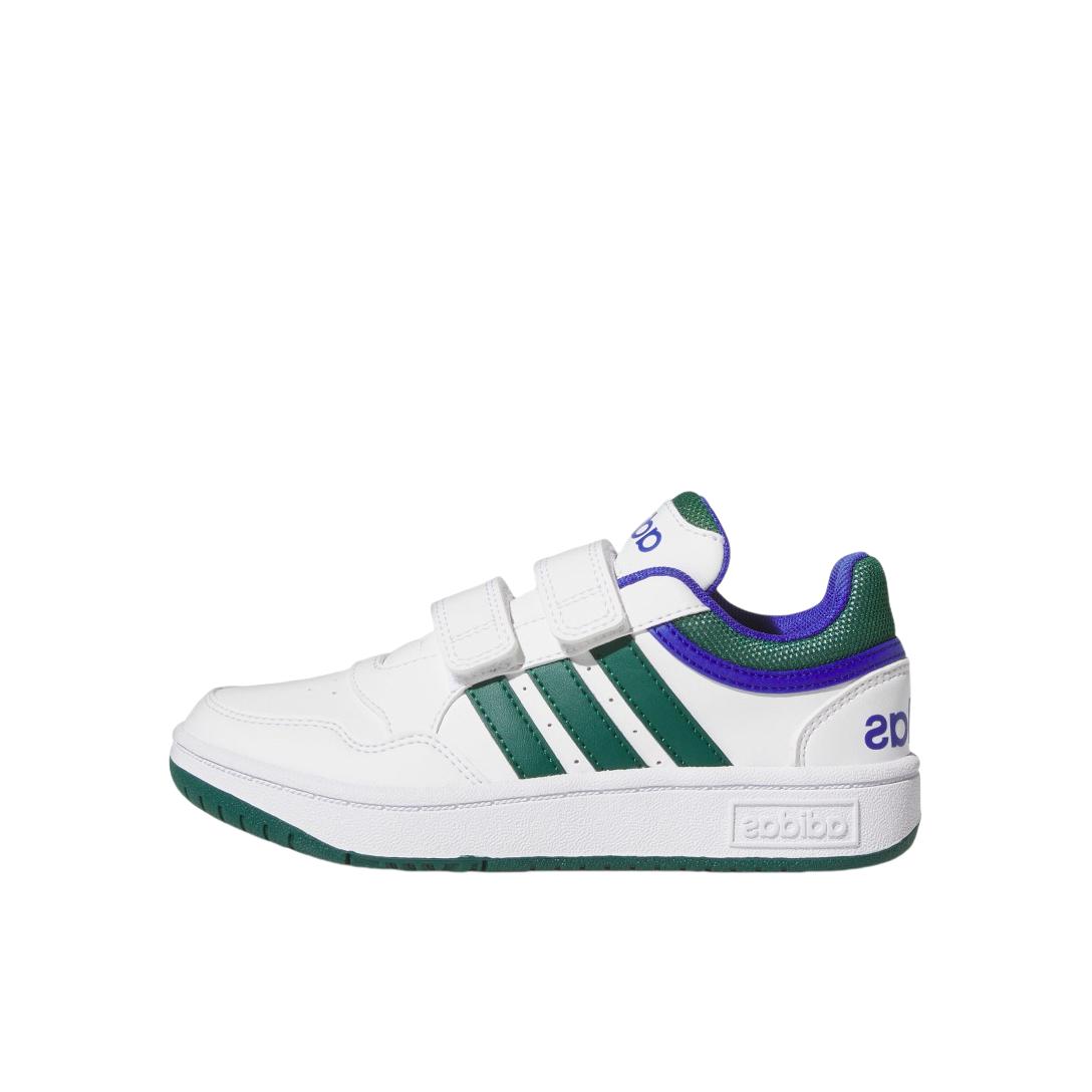 推荐商品：adidas Hoops 3.0 板鞋儿童 防滑耐磨舒适轻便减震百搭休闲 小童/白色/森林绿/亮蓝色