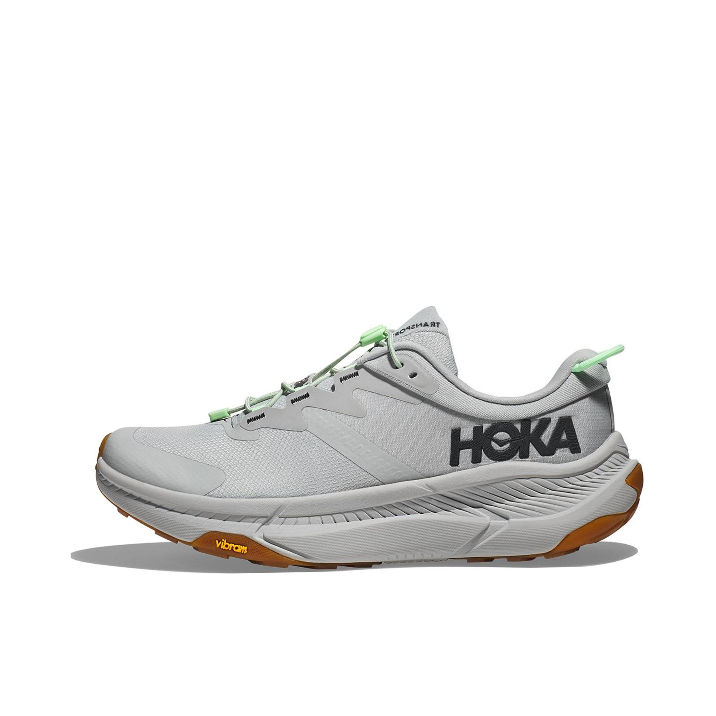 推荐商品：HOKA ONE ONE  Transport  耐磨防滑 减震透气 织物 合成革 圆头  防水 畅行 轻便舒适  徒步鞋  登山 户外休闲鞋 男款/雾灰/青柠色