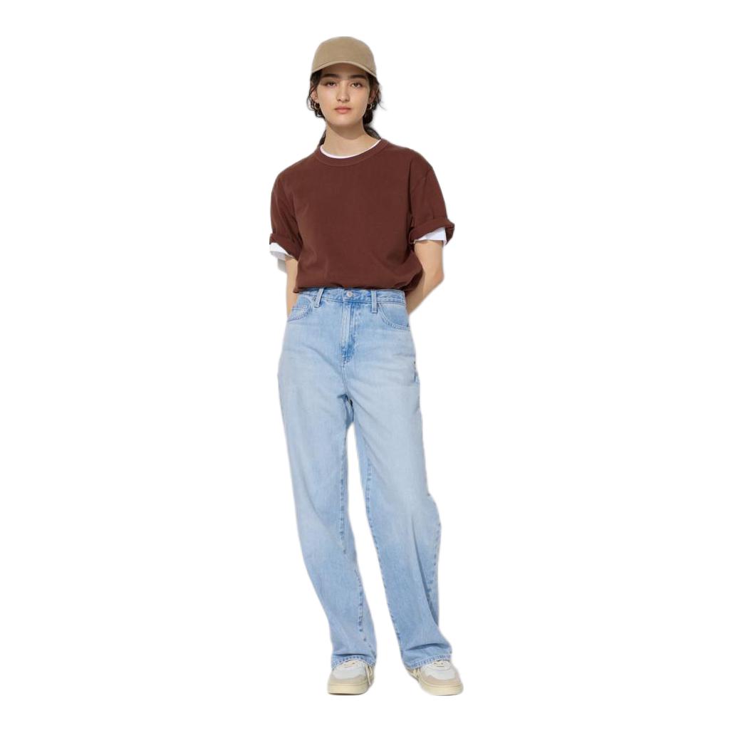 【宋轶同款】UNIQLO/优衣库 丹宁系列直筒水洗纯棉高腰拉链牛仔长裤 女装 464744 粉蓝