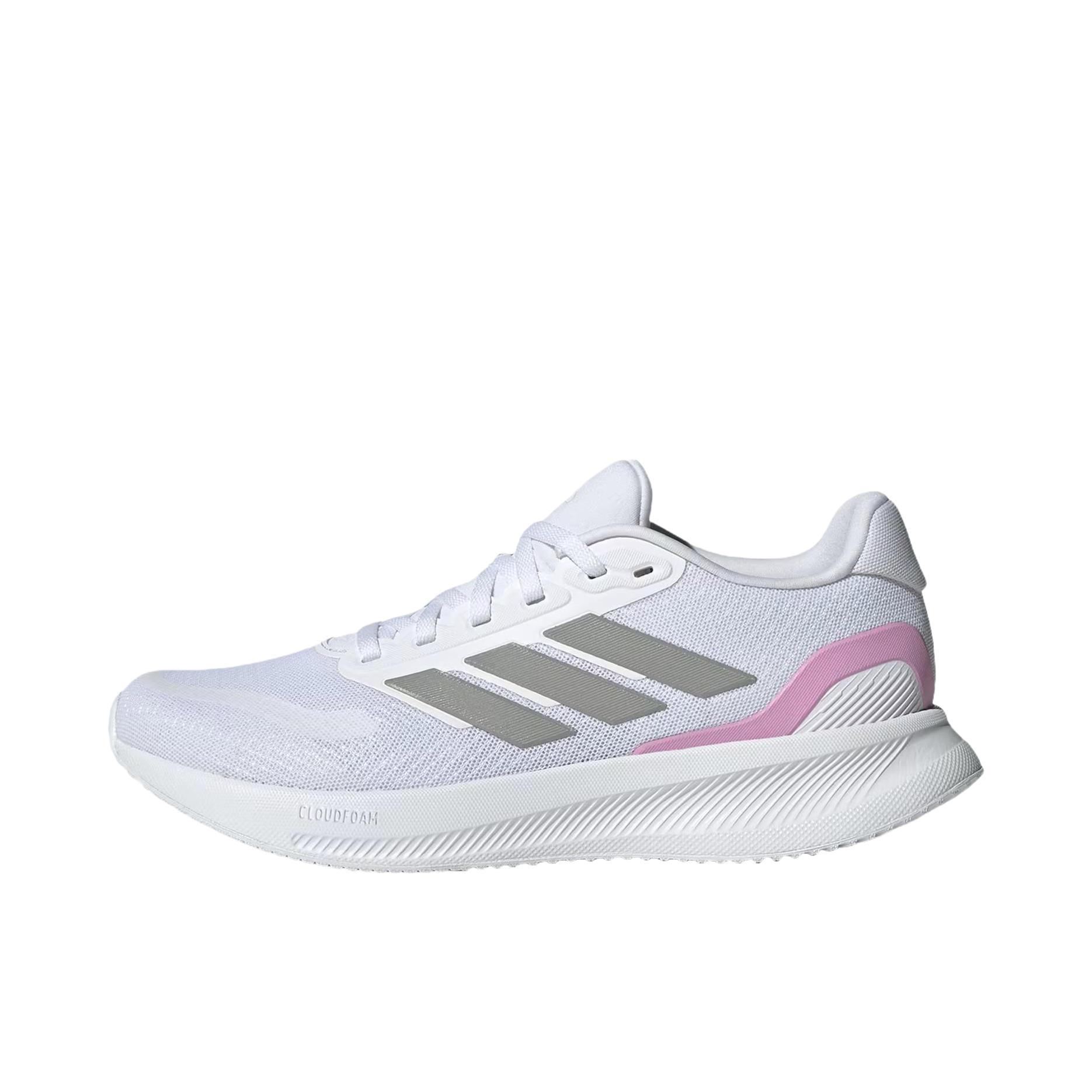 推荐商品：adidas RUNFALCON 5 跑鞋 轻便缓震回弹网面透气防滑耐磨支撑贴合 云白色/纯灰色/核心黑色