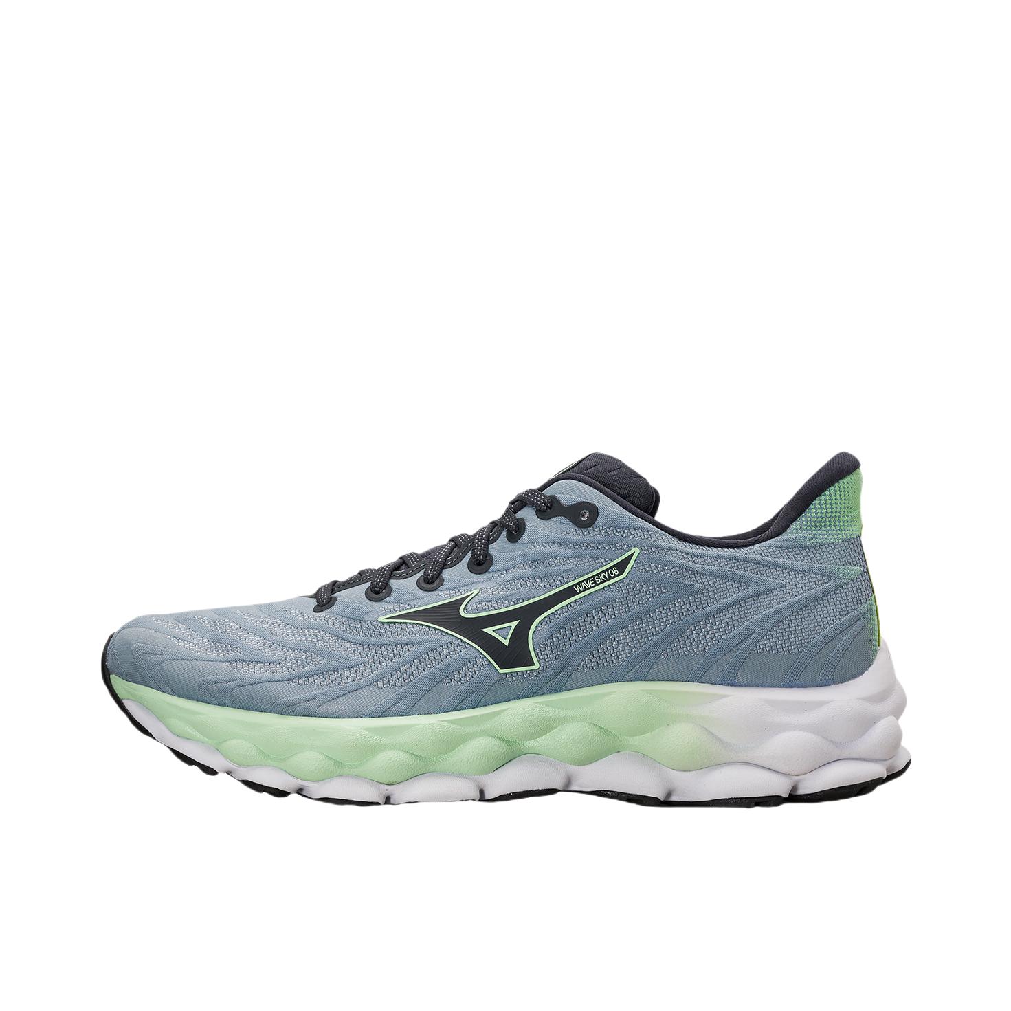 推荐商品：Mizuno/美津浓 Wave Sky 8 缓震回弹 舒适轻便 防滑耐磨 透气 百搭时尚 织物 慢跑 跑鞋 蓝色/灰蓝色/绿色