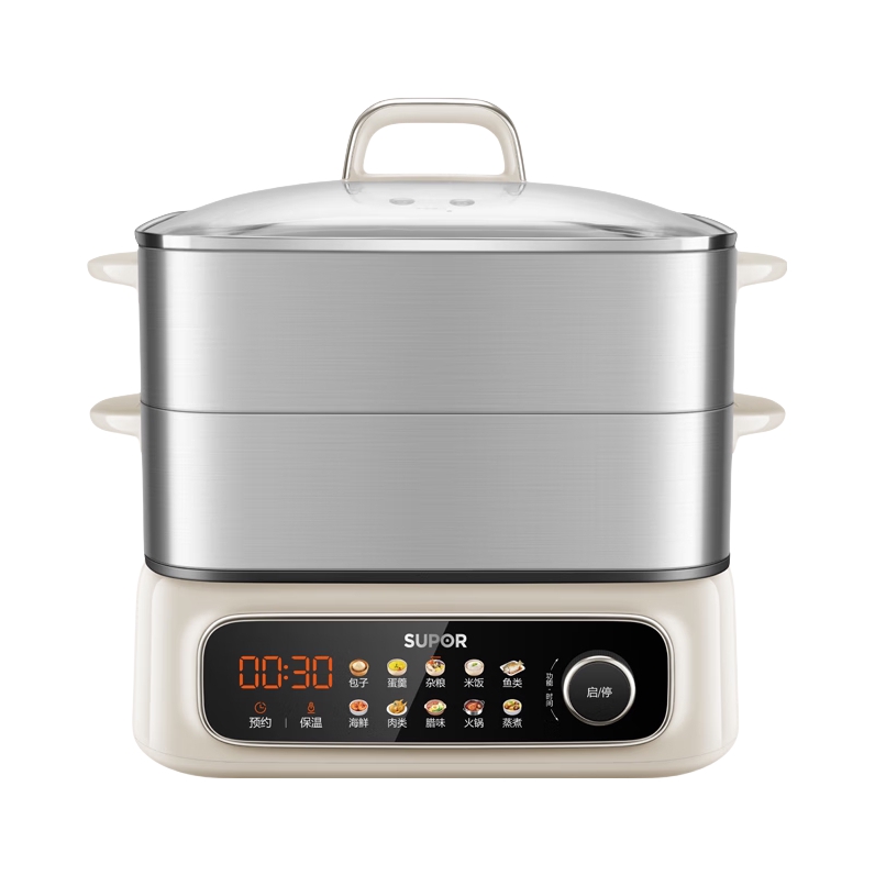 推荐商品：SUPOR/苏泊尔 ZN30FC669 电蒸锅 18L 大容量 保温功能 预约定时 全钢 蒸包子 猛火 涮火锅 加厚 蒸煮炖