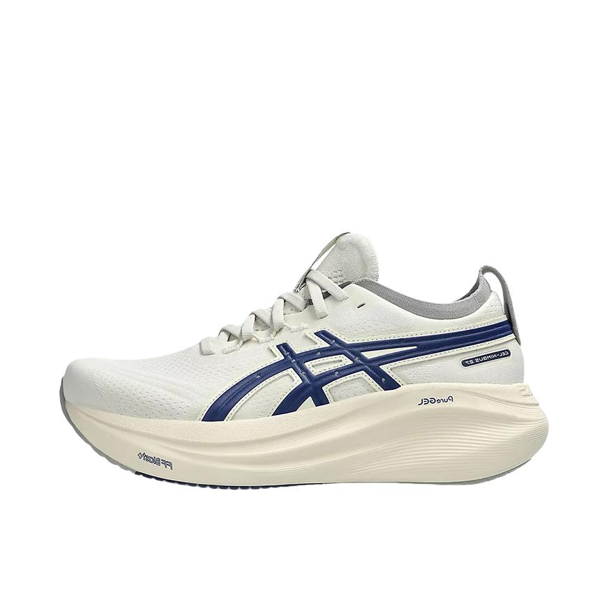推荐商品：Asics/亚瑟士 Gel-Nimbus 27 跑鞋 防滑耐磨缓震轻量回弹舒适轻便支撑夜跑 白色/蓝色