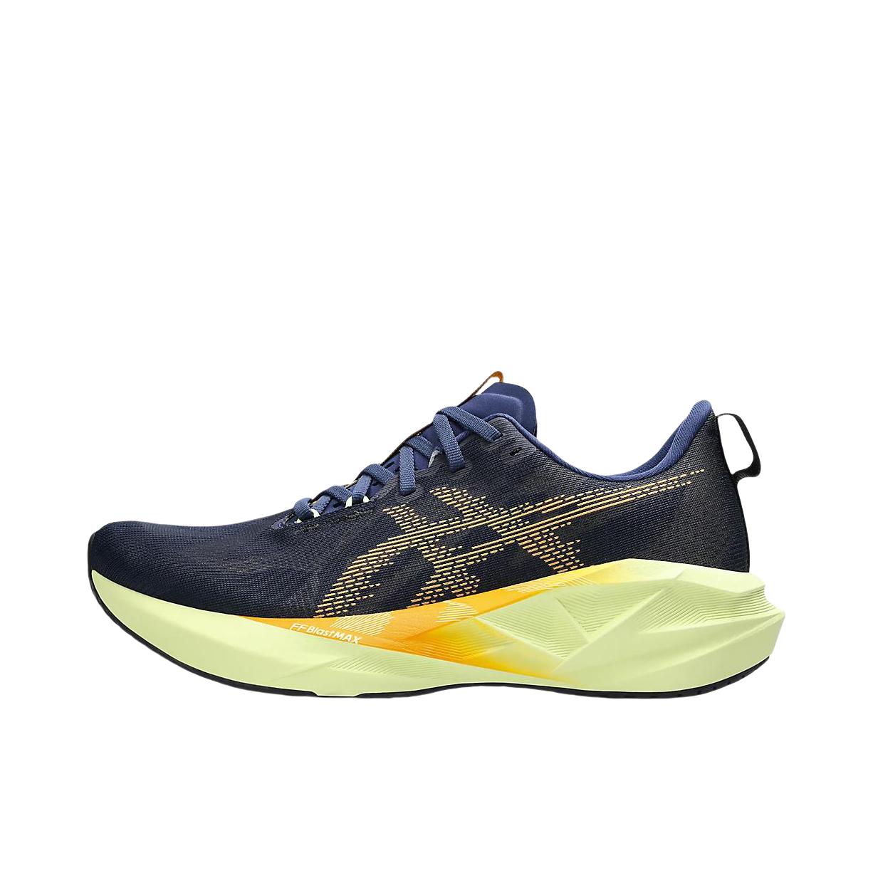 推荐商品：Asics/亚瑟士 Novablast 5 跑鞋 圆头舒适百搭防滑耐磨缓震橡胶贴合短跑轻量回弹支撑 蓝色/黄色