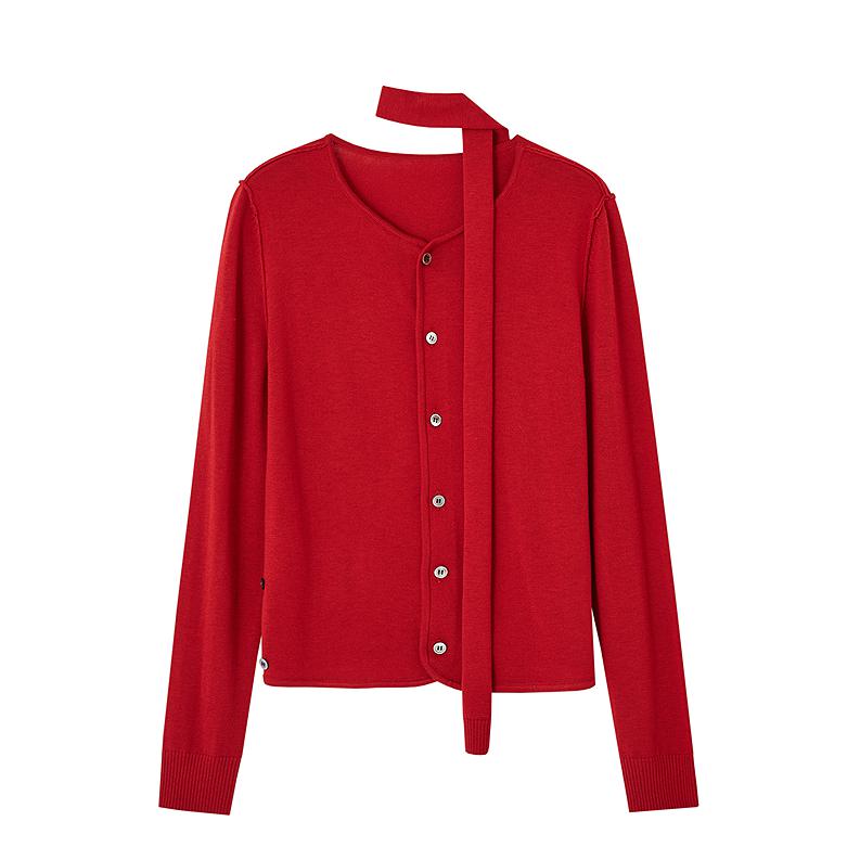 推荐商品：H'S 飘带开衫聚酯纤维毛衣 女装 112512202331 正红